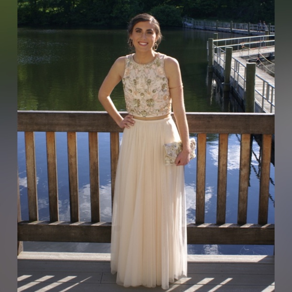 Camille La Vie Beige/ Champagne Two Piece Beaded Prom Dress Size 4